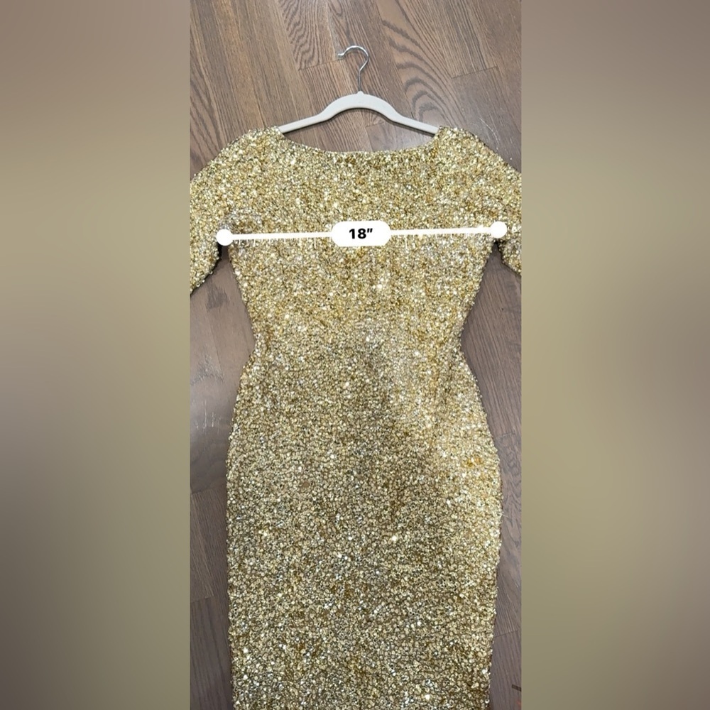 1960s Gene Shelly's Gold Sequin Keyhole Long Bell Sleeve Vintage Wool 60s Gown - Picture 14 of 17